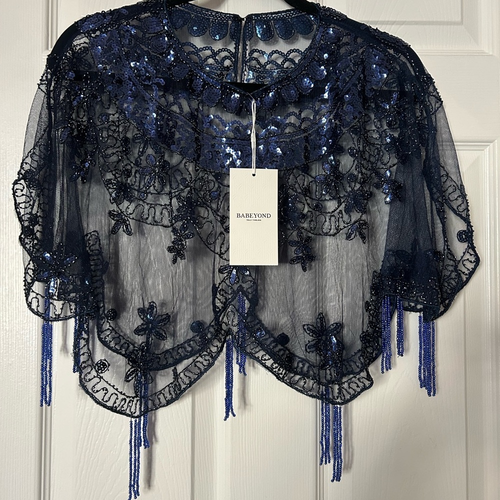 BABEYOND Navy Blue Bead Sequin Wrap -New with Tags